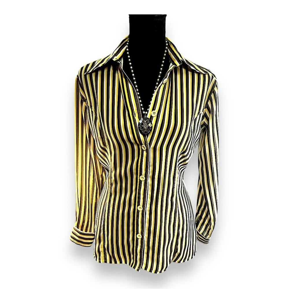 FENDI VTG Yellow Wh Brown & Black Stripe Shirt FENDI LOGO fabric & buttons 38